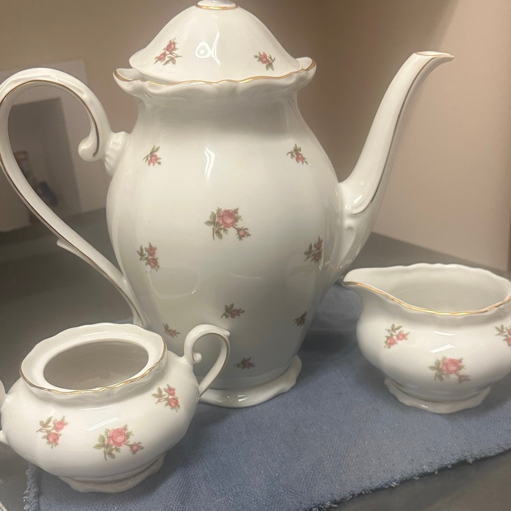 Classic White and Pink Rose Tea Set